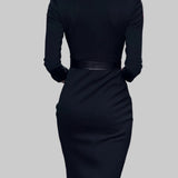 Lenka | Elegantní midi šaty s mandarínkovým límcem a zlatými detaily
