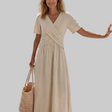 Kateřina | Elegantní midi šaty s V-výstřihem a krátkými rukávy