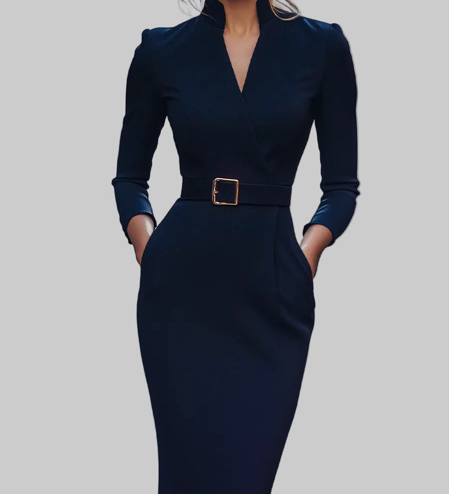Lenka | Elegantní midi šaty s mandarínkovým límcem a zlatými detaily