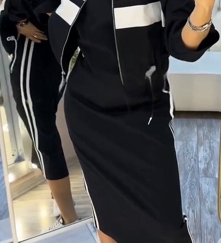 Linda | Sportovně-elegantní set midi šatů a bundy pro moderní ženu
