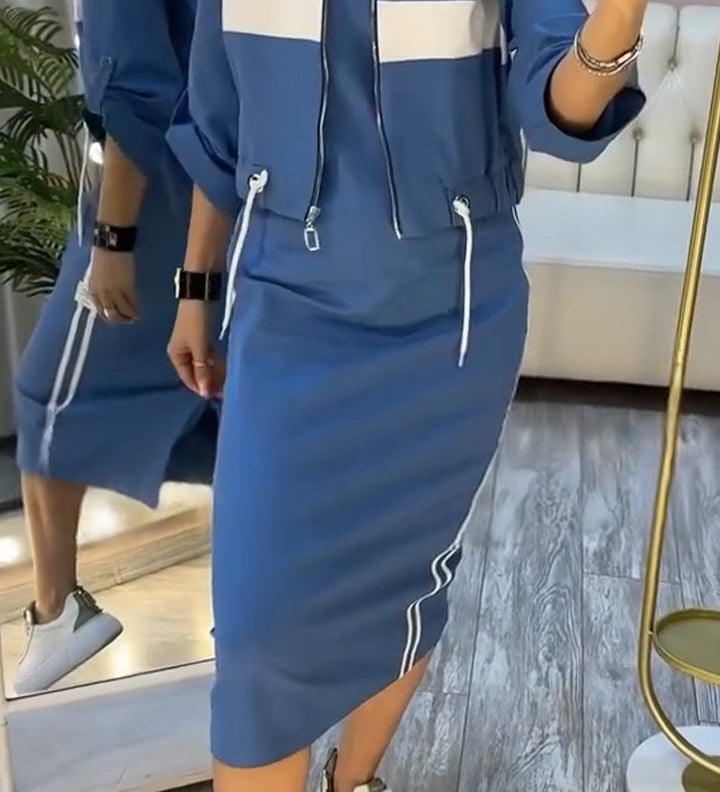Linda | Sportovně-elegantní set midi šatů a bundy pro moderní ženu