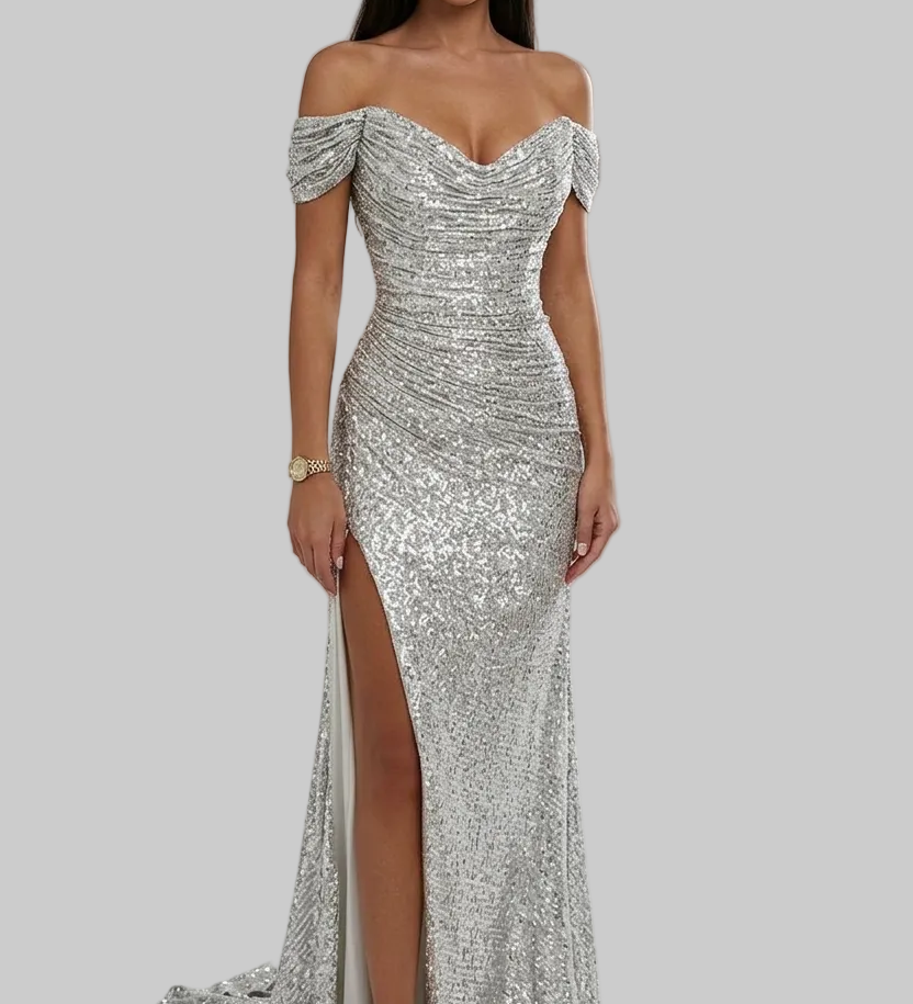 Adéla | Dramatické flitrové šaty ve stylu mořské panny s off-shoulder výstřihem