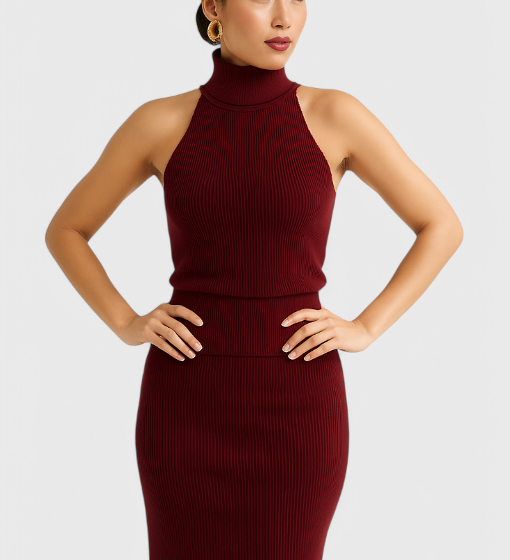 Julie | Elegantní žebrované midi šaty s halter výstřihem