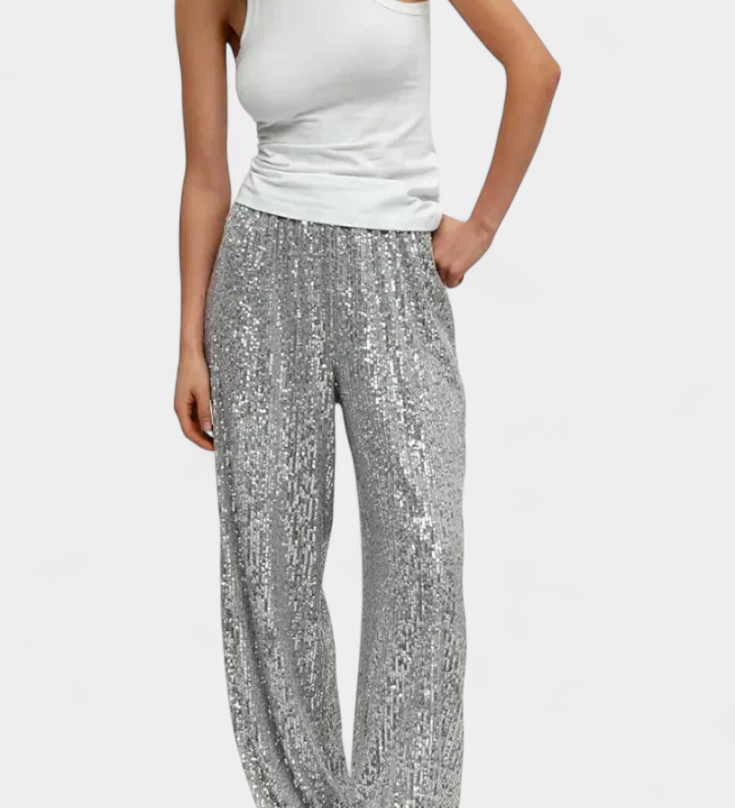 Sofie | Třpytivé stříbrné kalhoty s wide-leg střihem