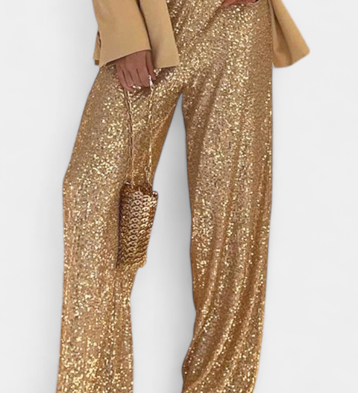 Sofie | Třpytivé stříbrné kalhoty s wide-leg střihem