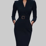 Lenka | Elegantní midi šaty s mandarínkovým límcem a zlatými detaily