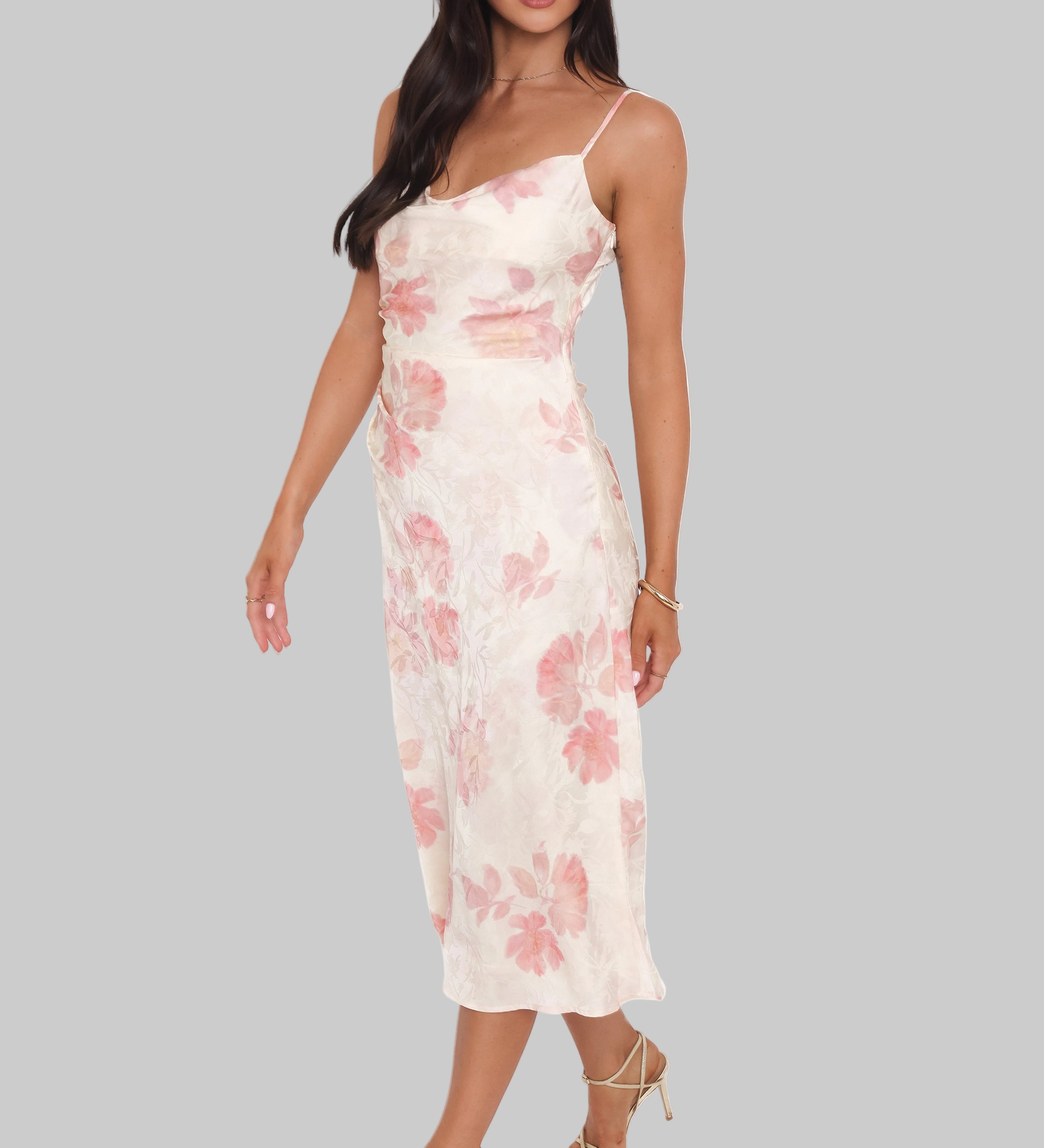 Klára | Elegantní Midi Šaty s Růžovým Květinovým Vzorem